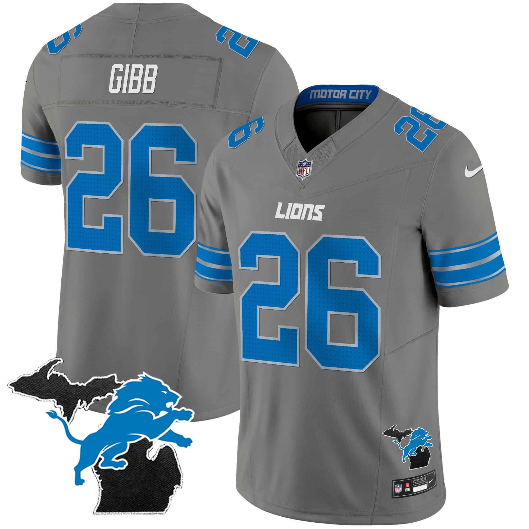 Men Detroit Lions #26 Gibb Grey 2024 Nike Michigan Patch Vapor Limited NFL Jersey